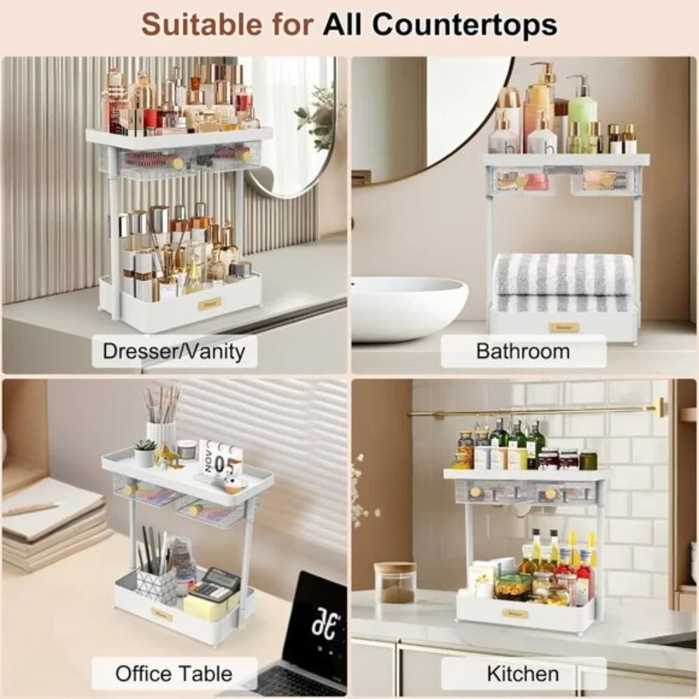 New 2-Tier Makeup Organizer Countertop, Rotating Drawers for Vanity & Skincare